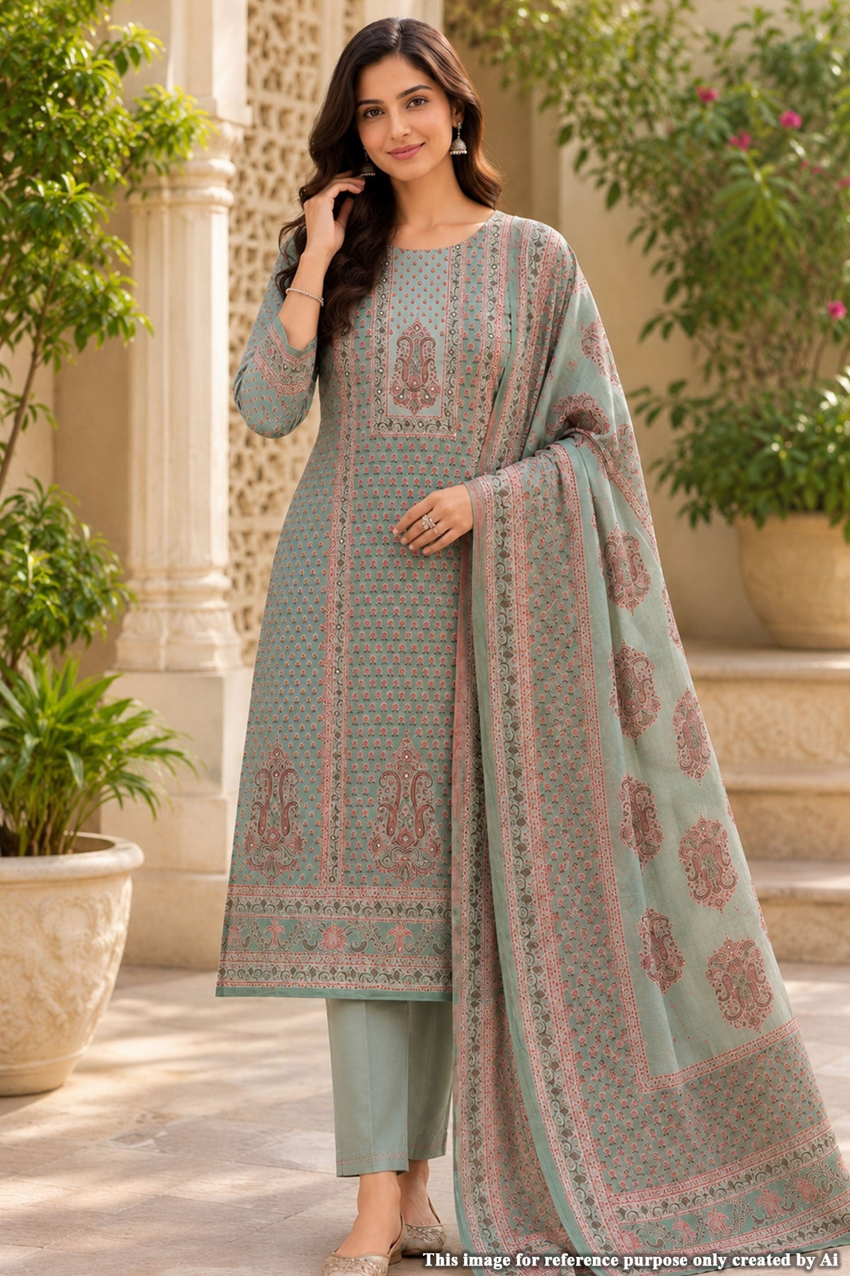 Sea Green Printed Unstitched Suit Set with Dupatta