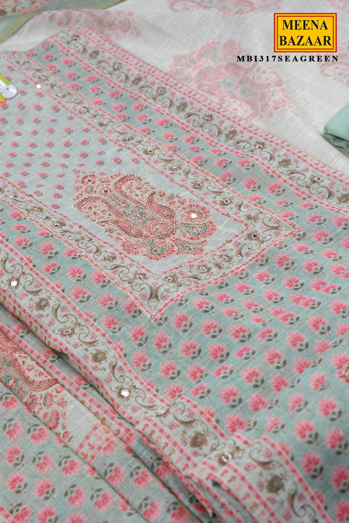 Sea Green Printed Unstitched Suit Set with Dupatta