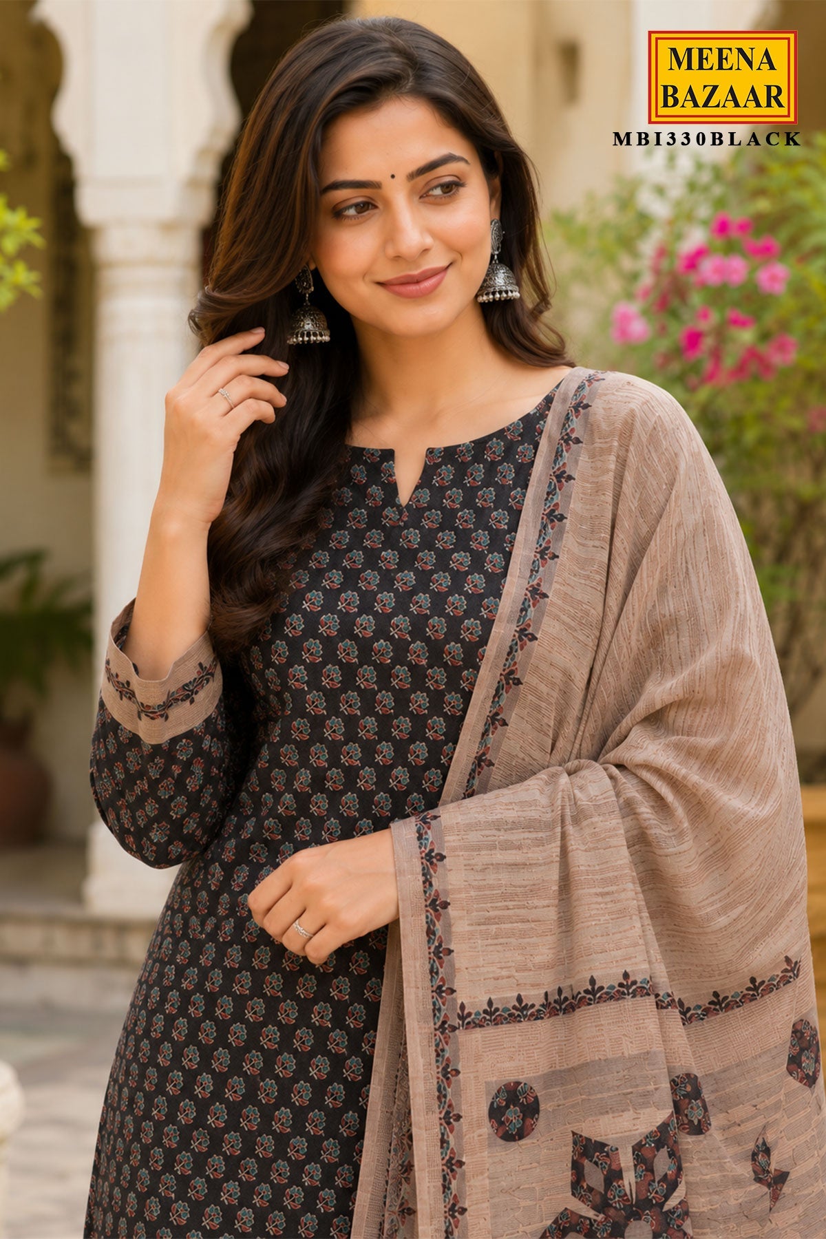 Black Floral Print Silk Suit Set
