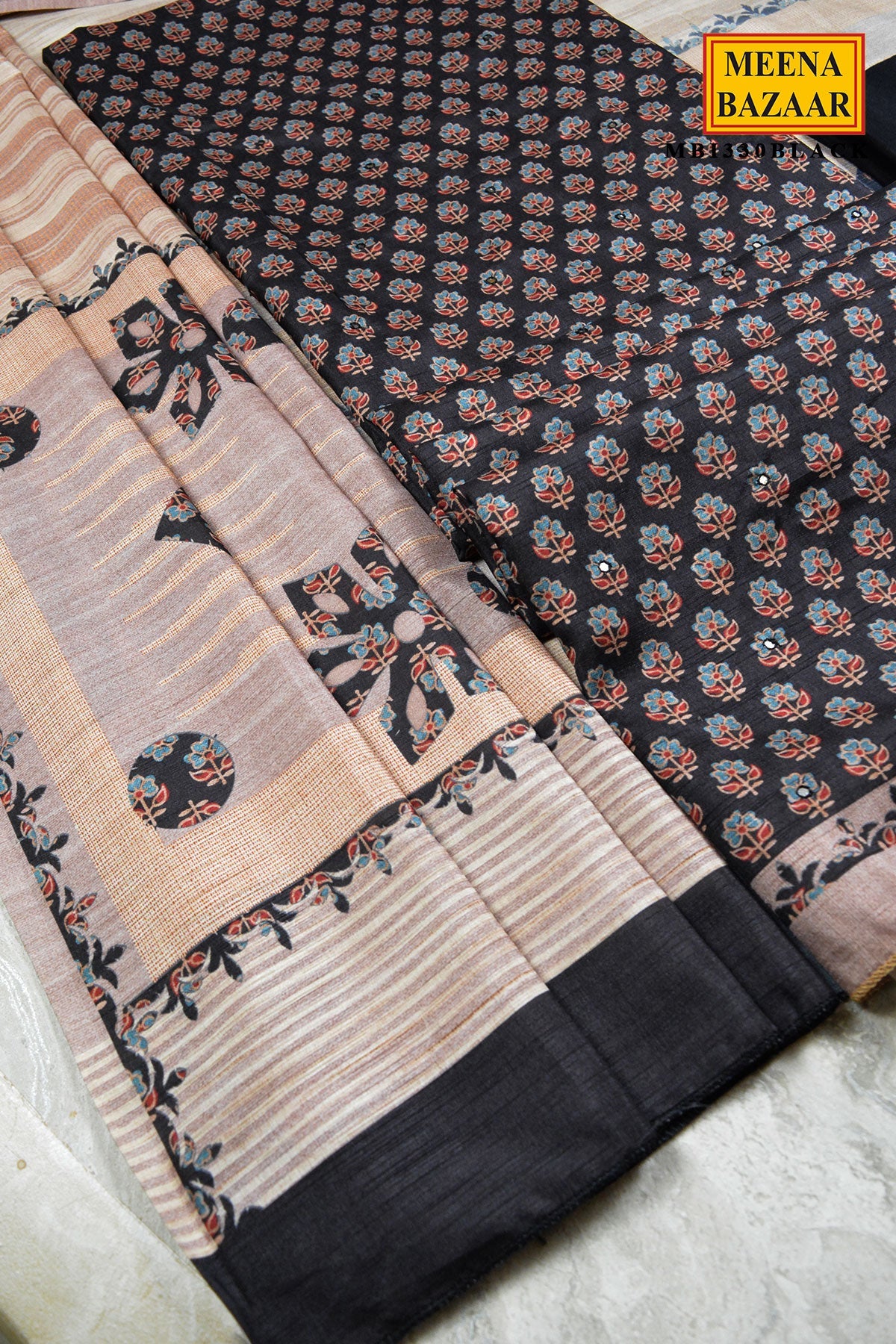 Black Floral Print Silk Suit Set