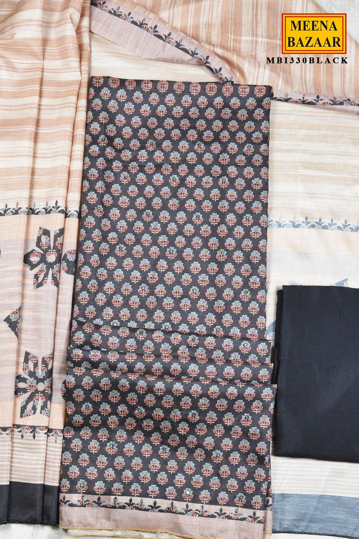 Black Floral Print Silk Suit Set