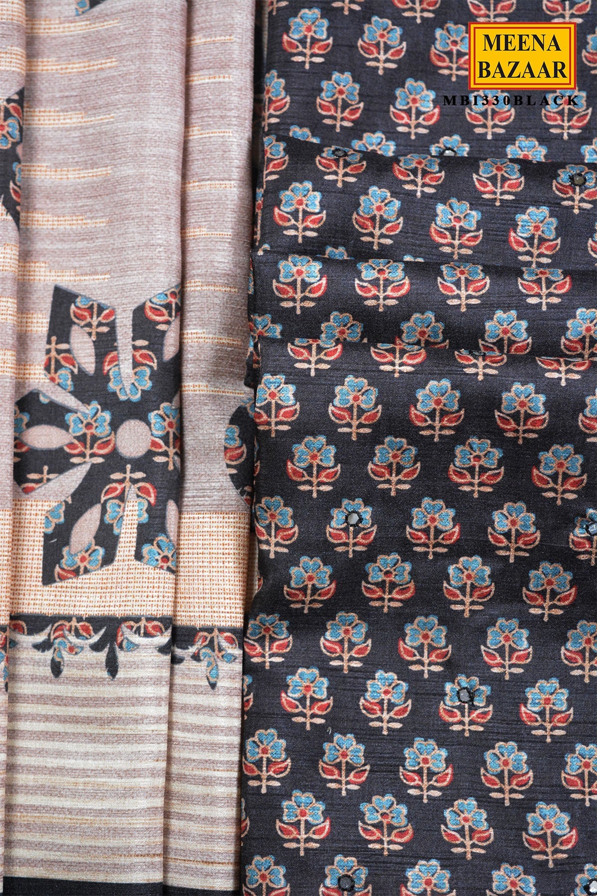 Black Floral Print Silk Suit Set