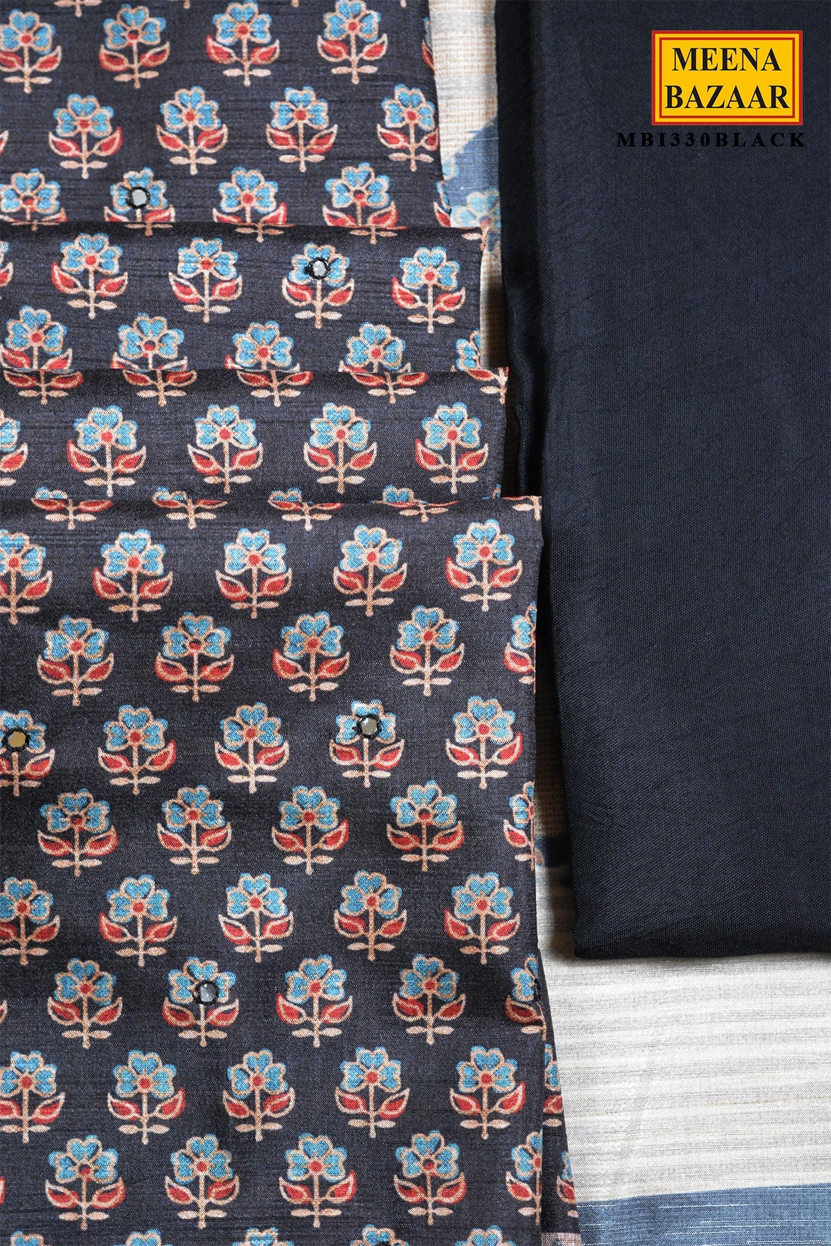Black Floral Print Silk Suit Set