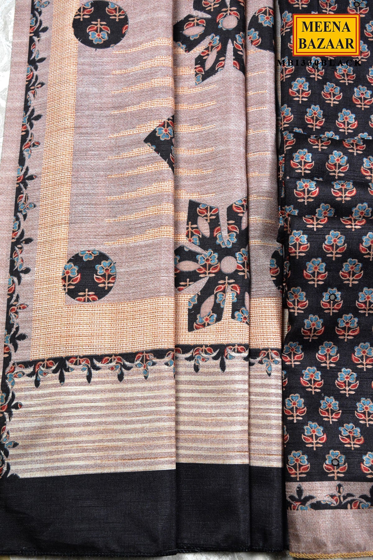 Black Floral Print Silk Suit Set