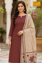 Maroon Floral Print Silk Suit Set