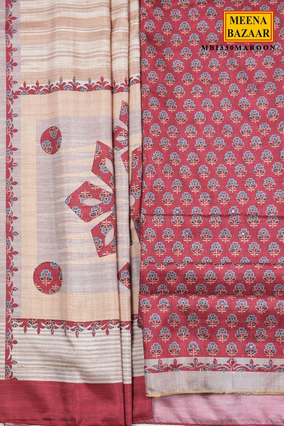 Maroon Floral Print Silk Suit Set
