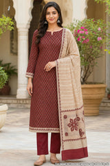 Maroon Floral Print Silk Suit Set