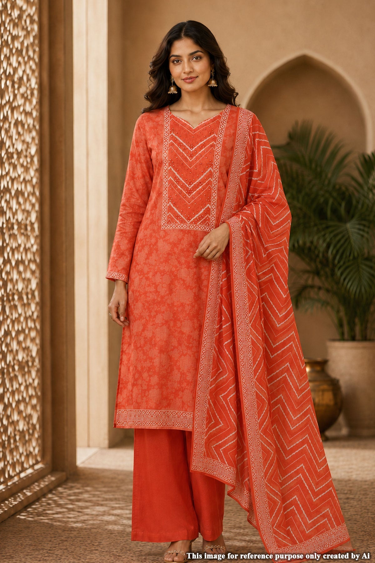 Red Printed Silk Suit Set with Dupatta