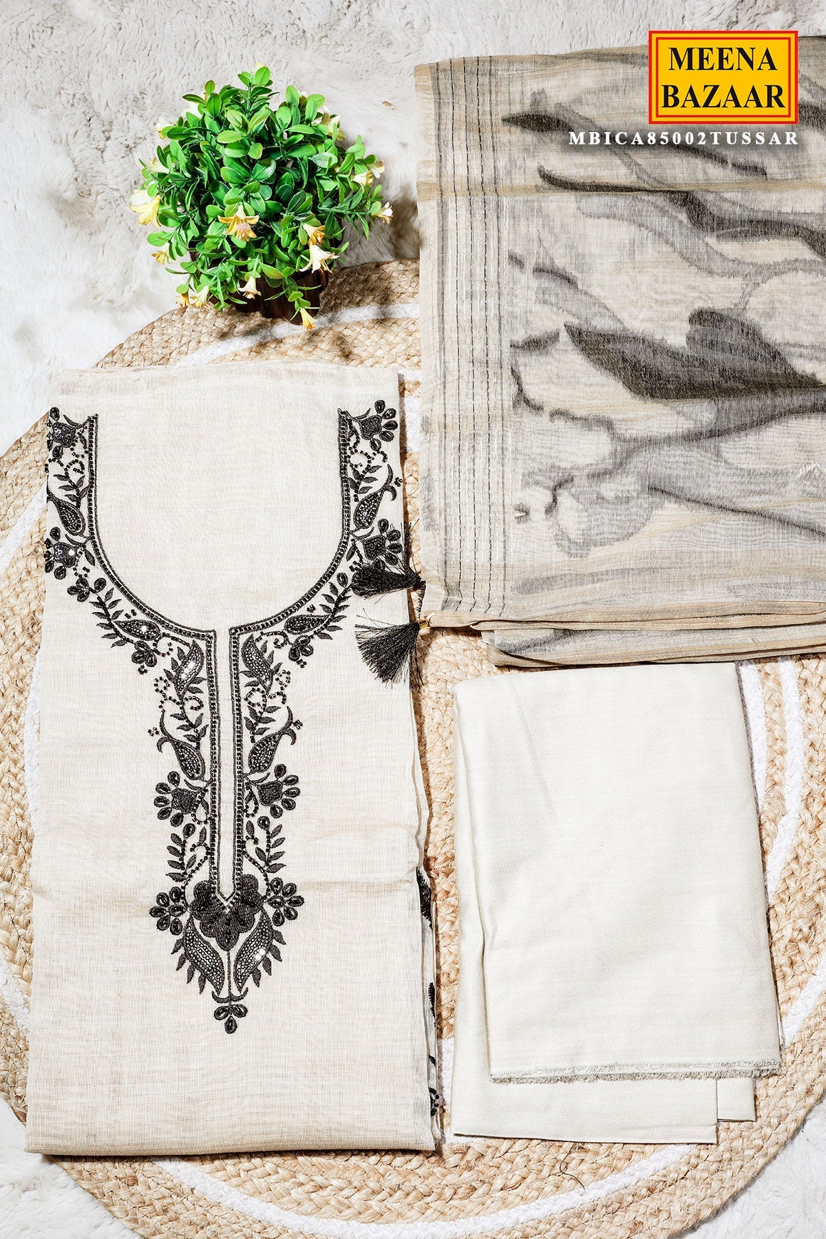 Tussar Cotton Unstitched Suit with Elegant Embroidery