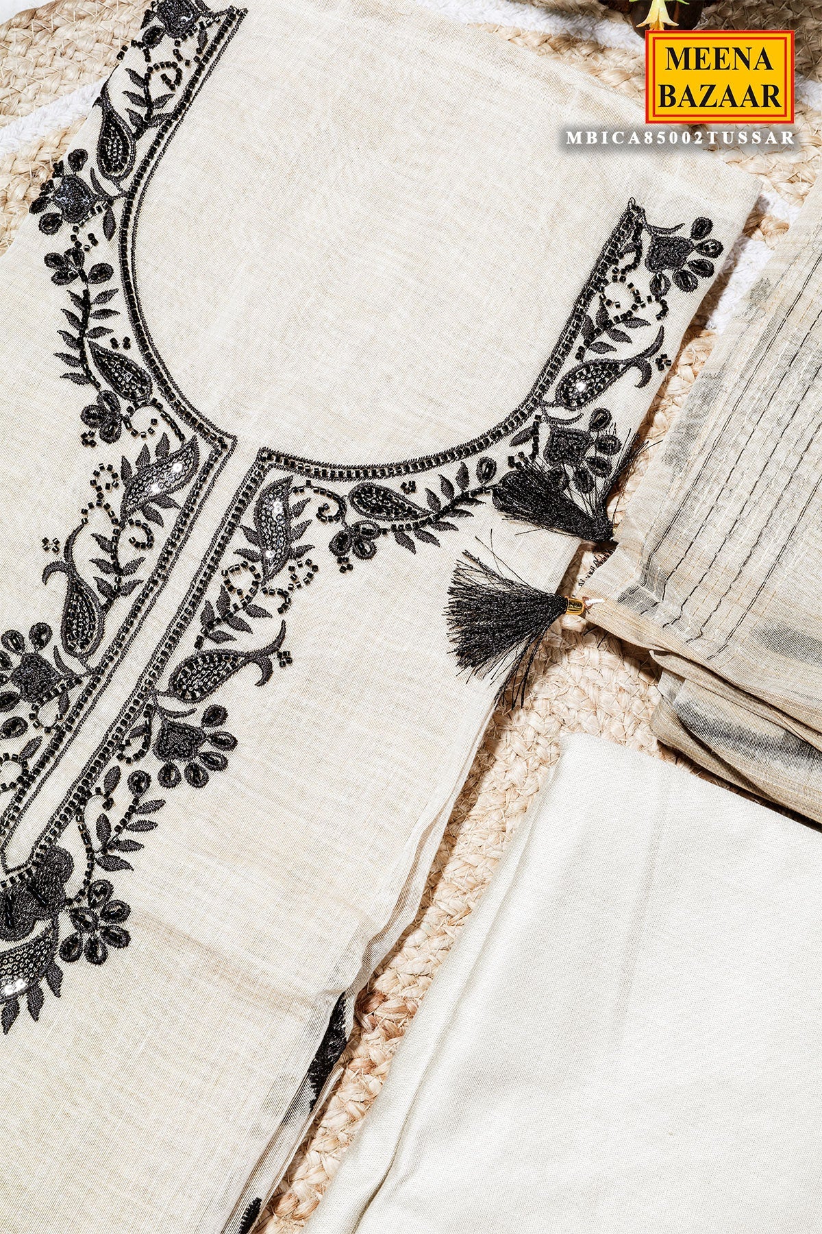 Tussar Cotton Unstitched Suit with Elegant Embroidery