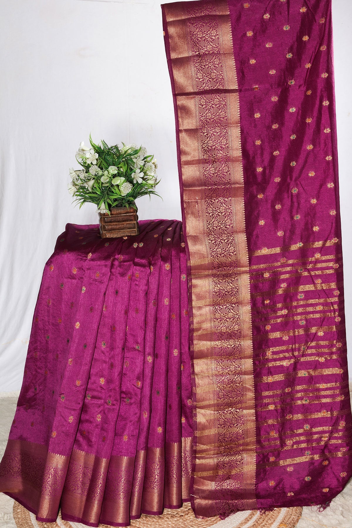 Wine Silk Zari Buti Saree