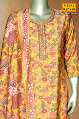 Mustard Maslin Ready Made Suit with Elegant Neck Embroidery
