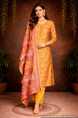 Mustard Maslin Ready Made Suit with Elegant Neck Embroidery