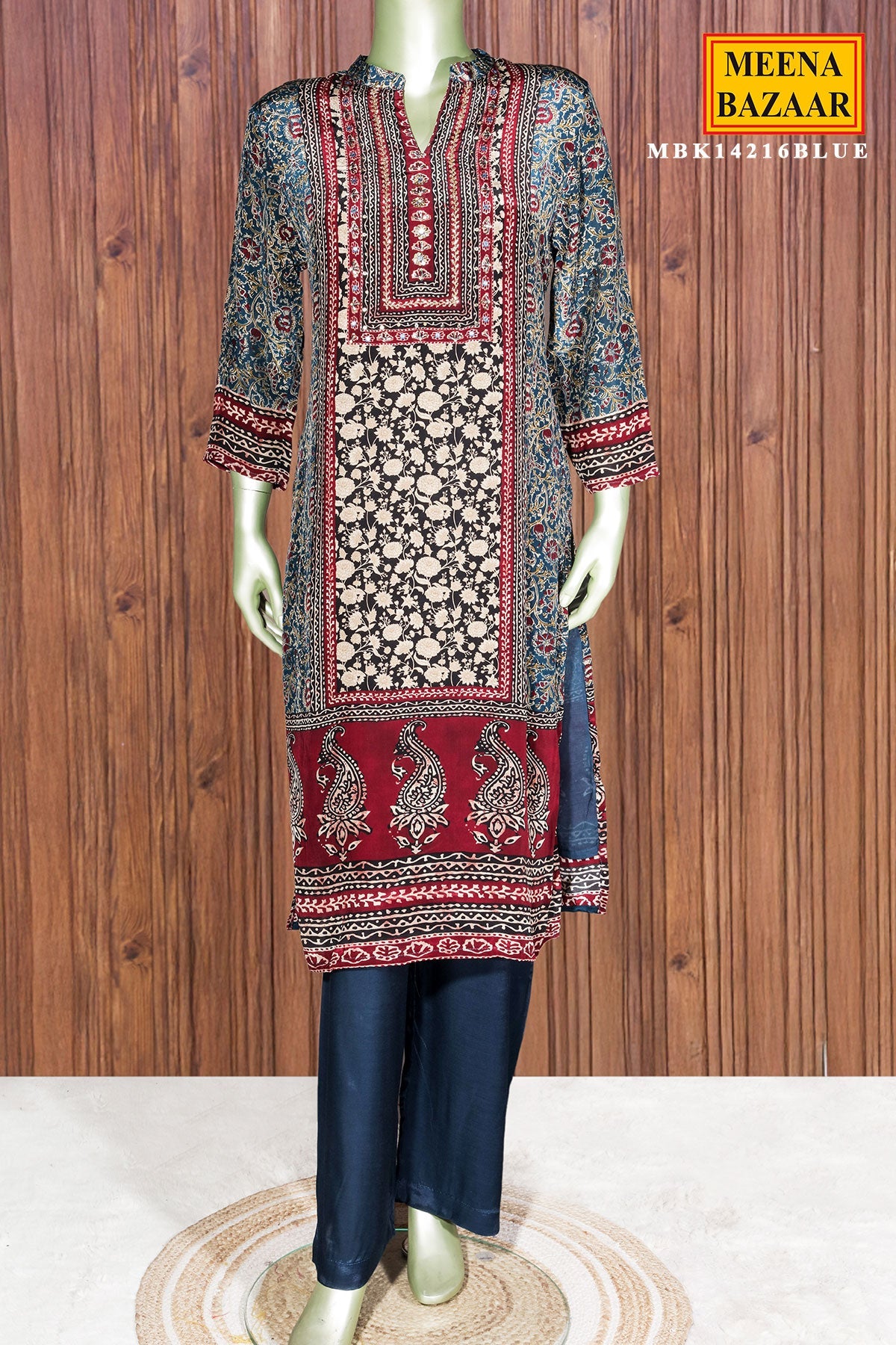 Blue Crepe Ready Made Suit with Designer Neck Embroidery