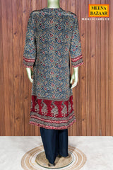 Blue Crepe Ready Made Suit with Designer Neck Embroidery