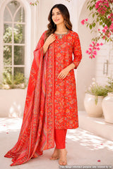 Rust Maslin Ready-Made Suit with Embroidered Neck