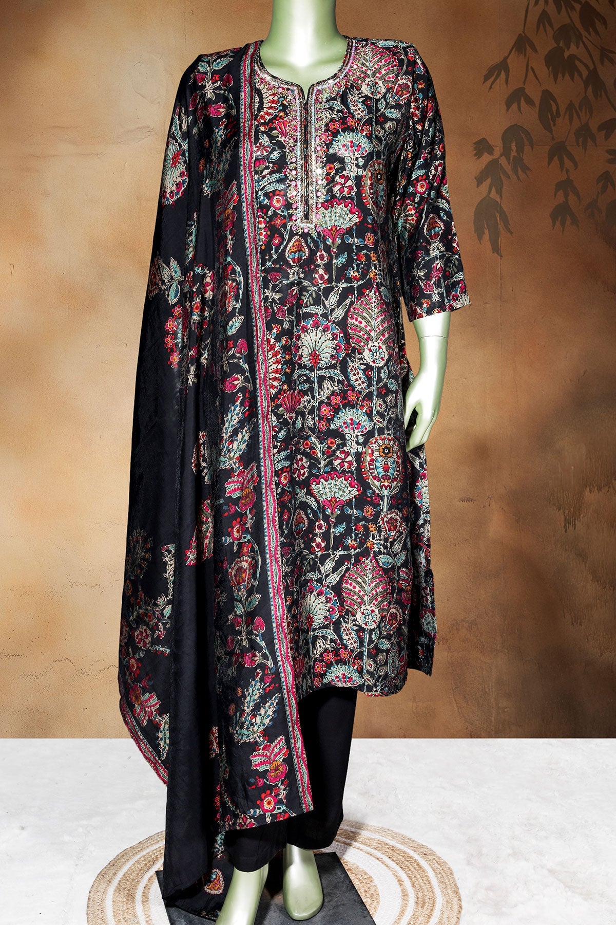 Black Maslin Ready Made Suit with Embroidered Neck