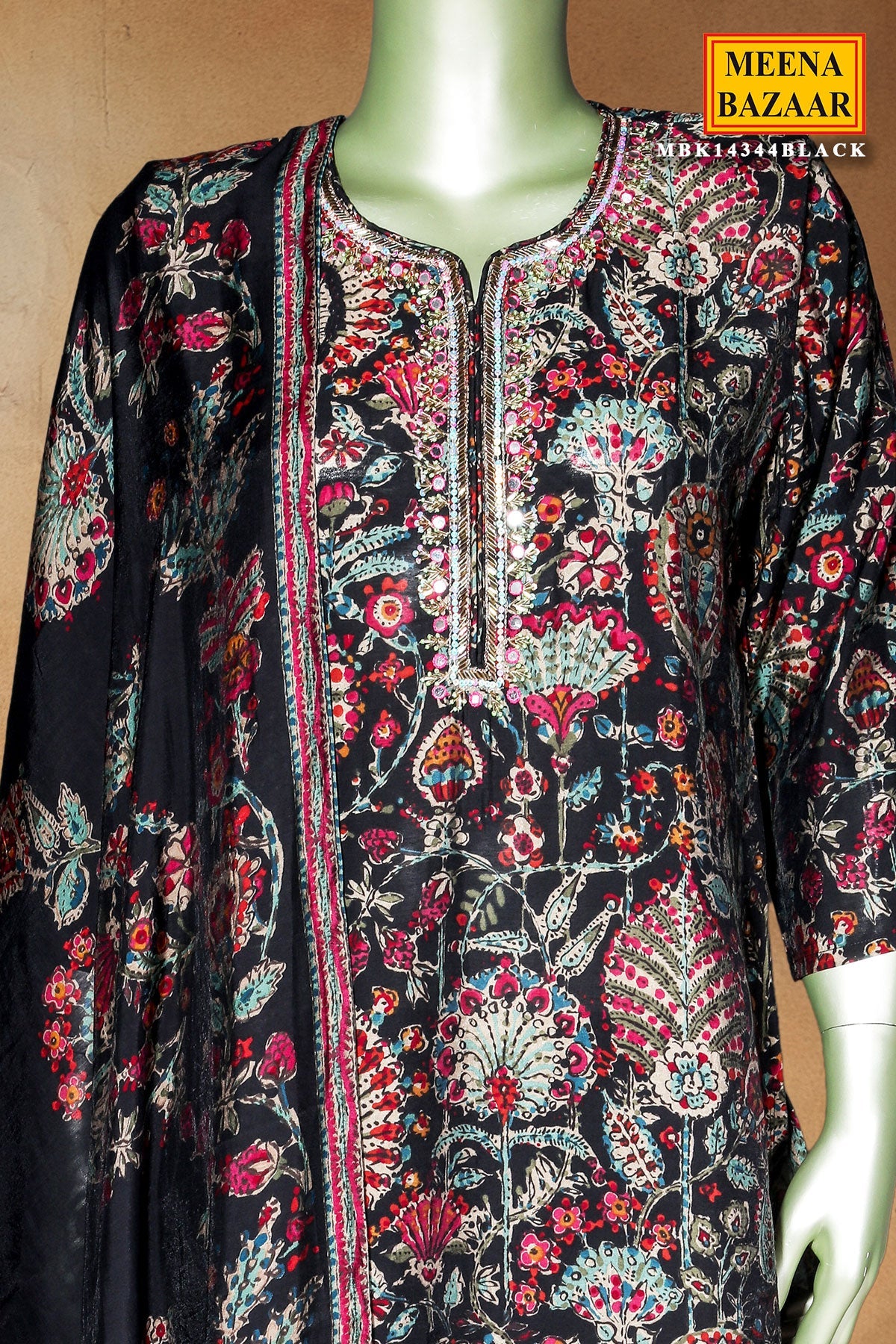 Black Maslin Ready Made Suit with Embroidered Neck