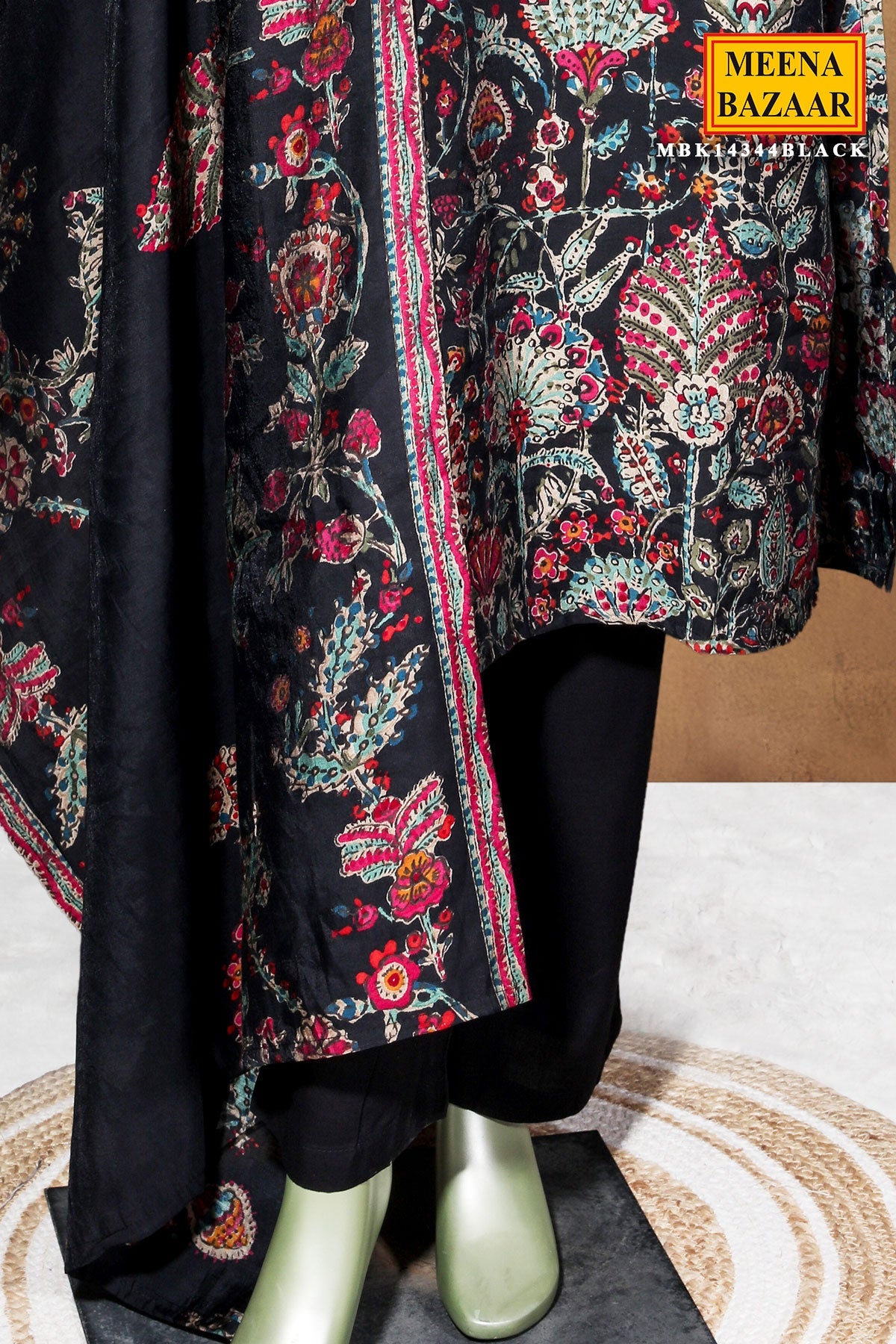 Black Maslin Ready Made Suit with Embroidered Neck
