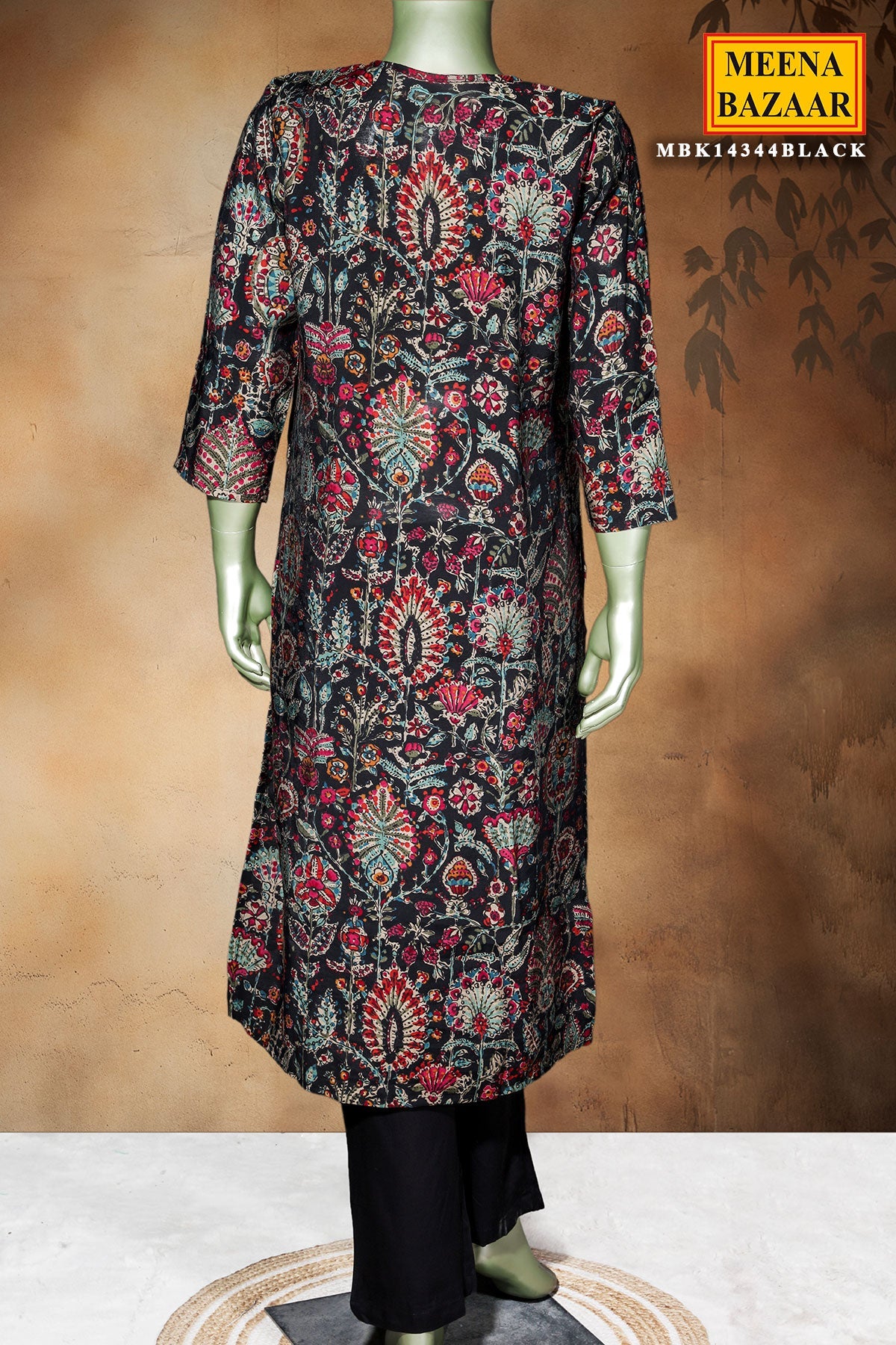 Black Maslin Ready Made Suit with Embroidered Neck