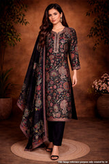 Black Maslin Ready Made Suit with Embroidered Neck