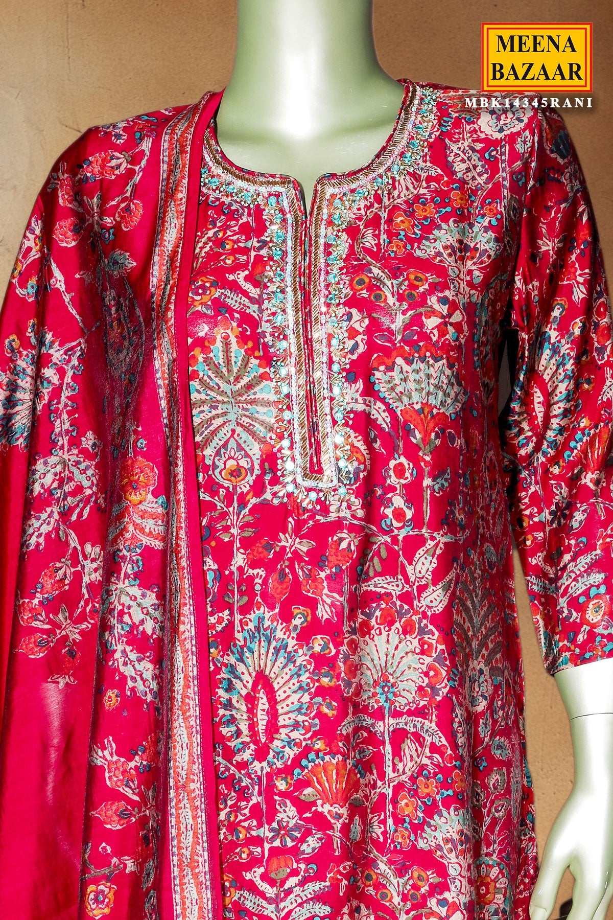 Rani Color Maslin Ready-Made Suit with Elegant Neck Embroidery