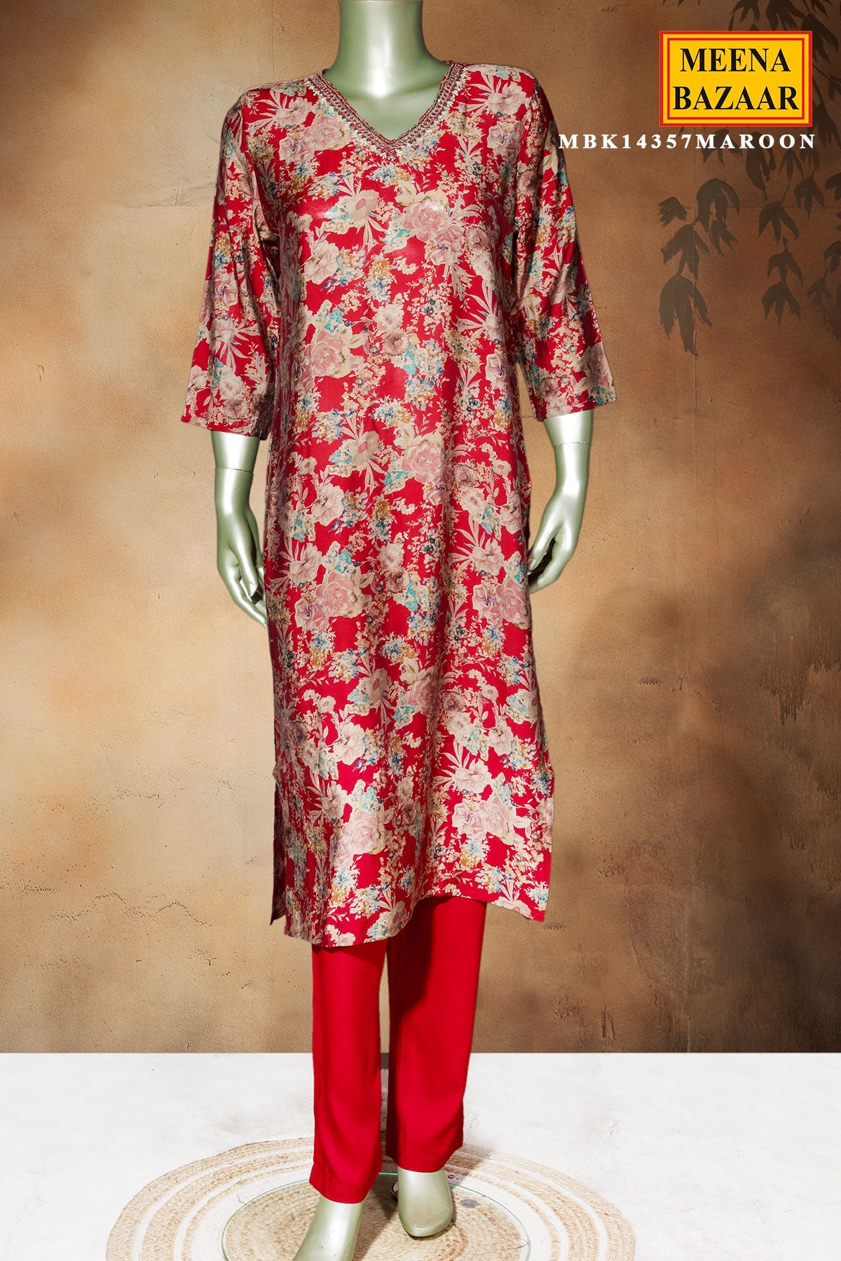 Maroon Maslin Ready-Made Suit with Elegant Neck Embroidery