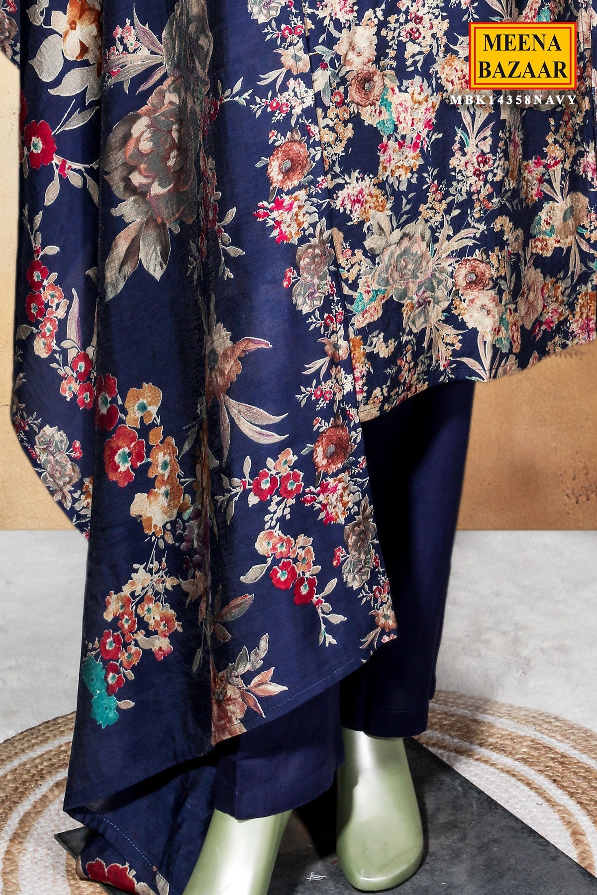 Navy Maslin Ready Made Suit with Elegant Neck Embroidery