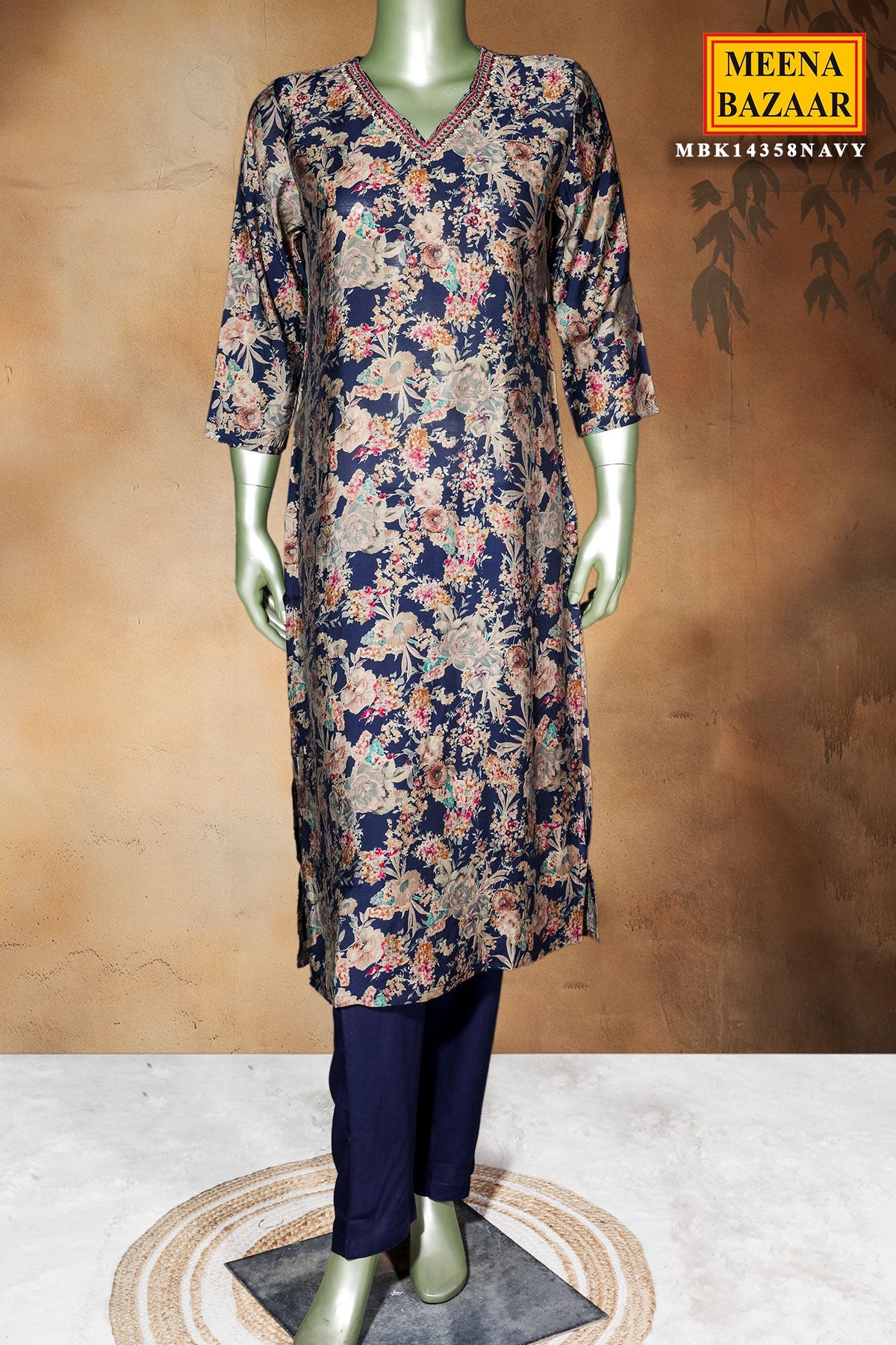 Navy Maslin Ready Made Suit with Elegant Neck Embroidery