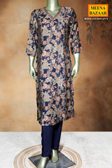 Navy Maslin Ready Made Suit with Elegant Neck Embroidery