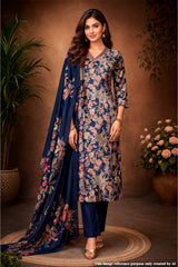 Navy Maslin Ready Made Suit with Elegant Neck Embroidery
