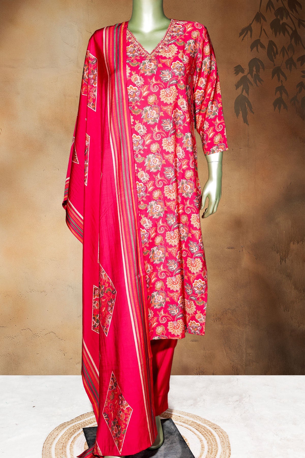 Rani Maslin Ready Made Suit with Elegant Neck Embroidery