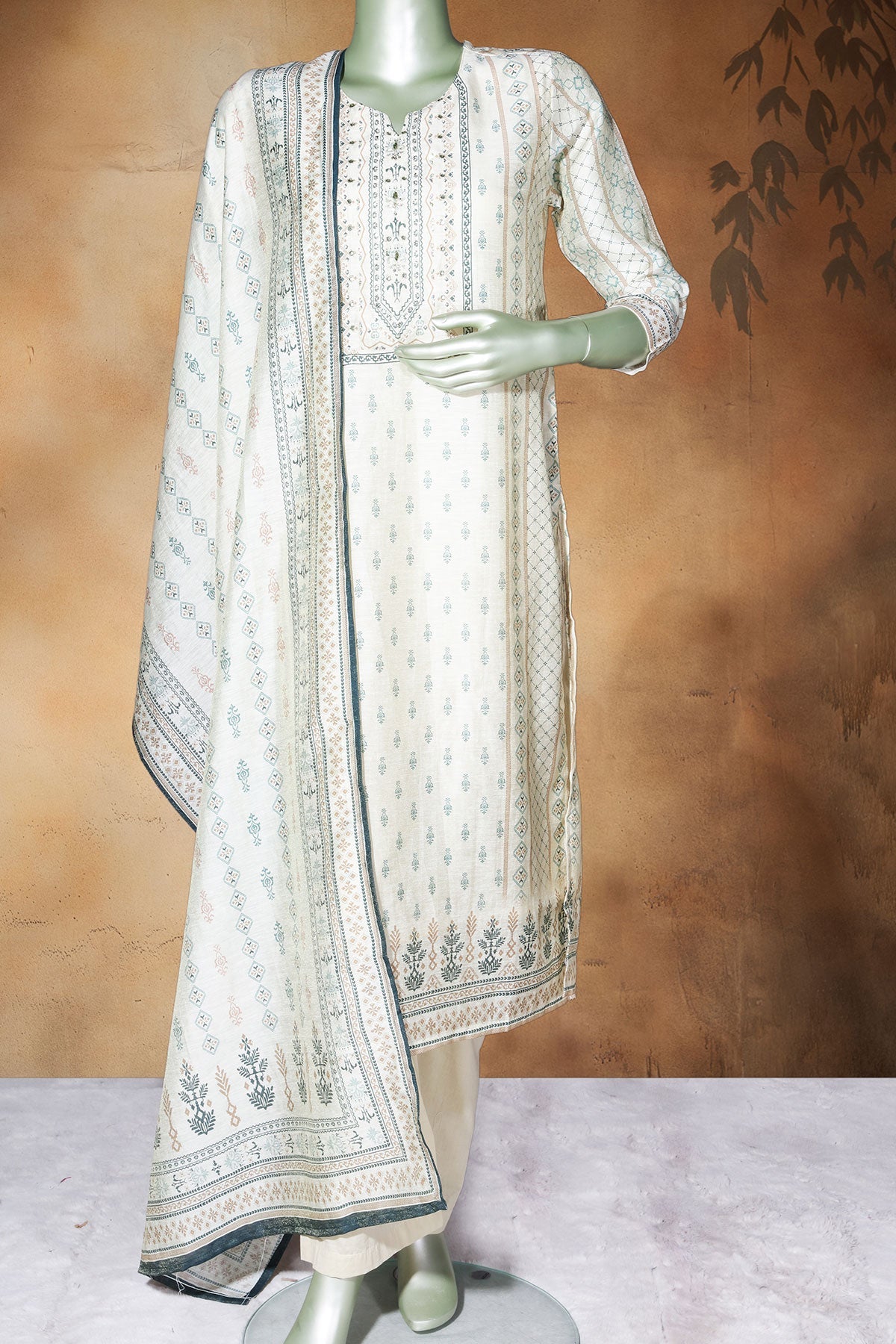 Tussar Chanderi Ready Made Suit with Elegant Neck Embroidery