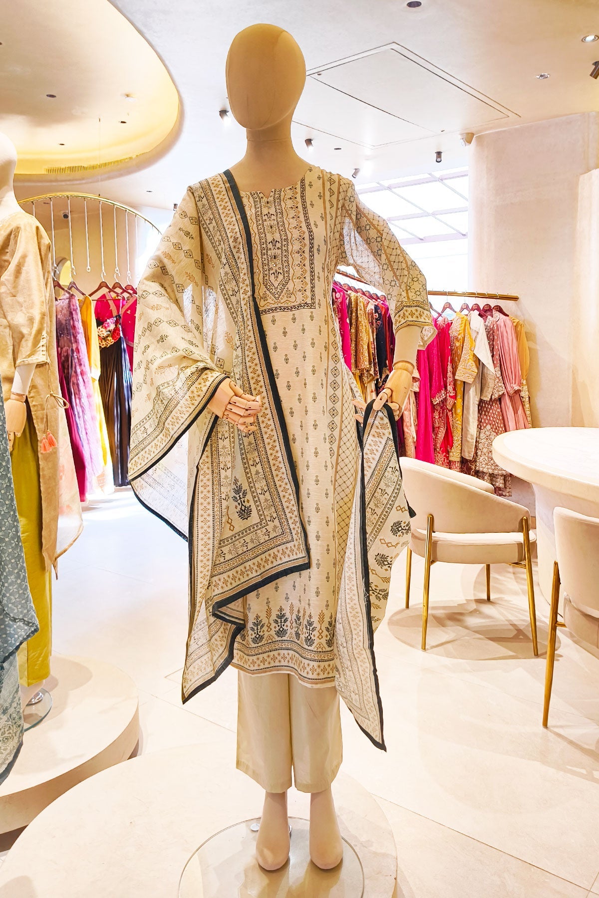 Tussar Chanderi Ready Made Suit with Elegant Neck Embroidery