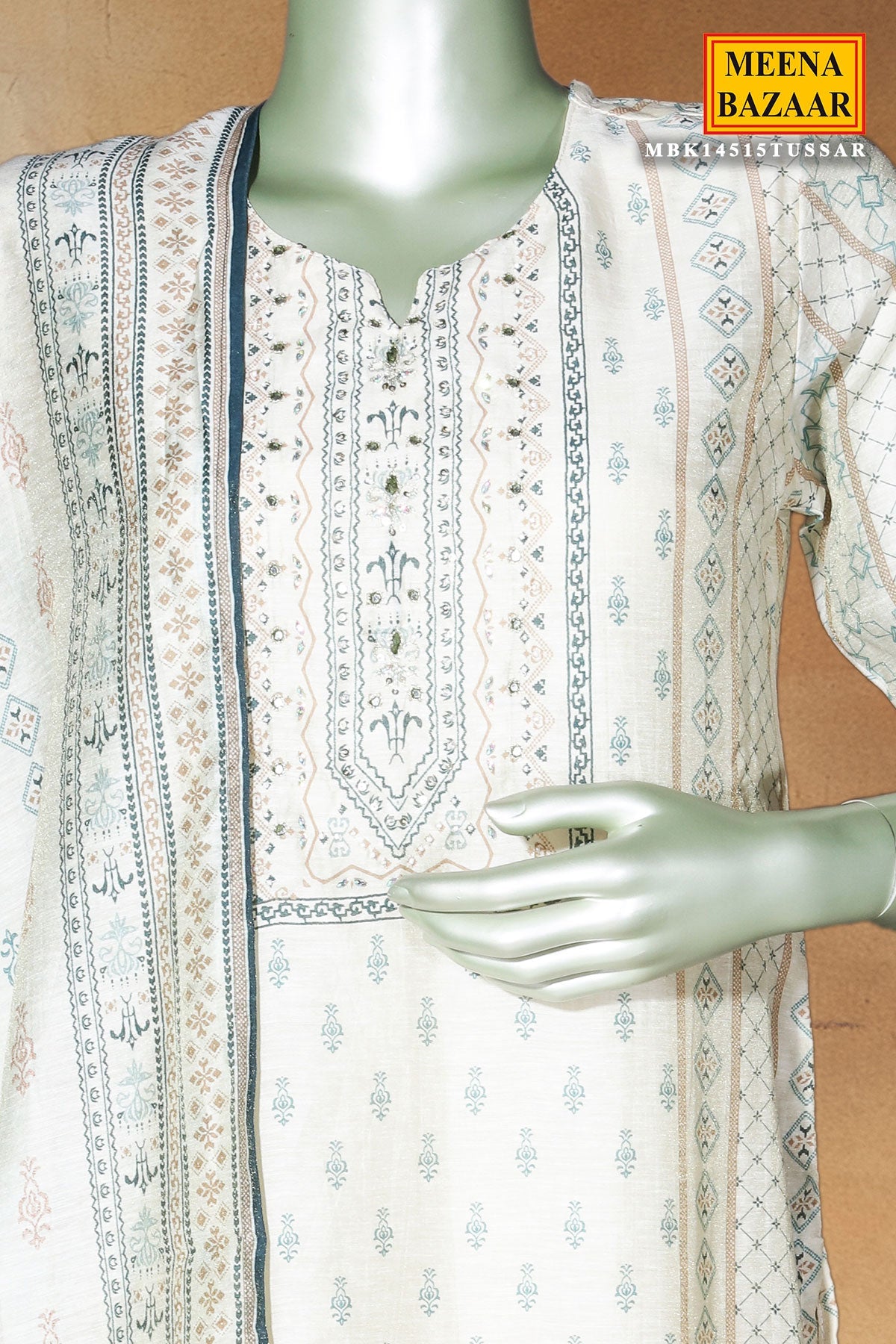Tussar Chanderi Ready Made Suit with Elegant Neck Embroidery