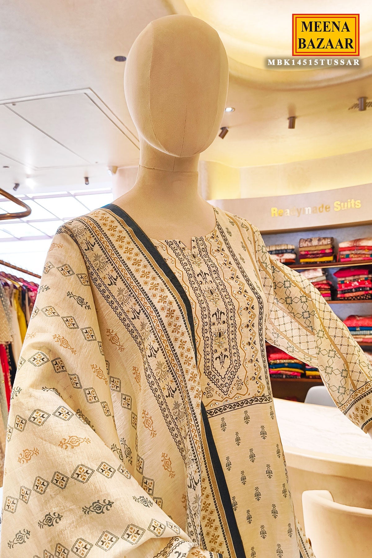 Tussar Chanderi Ready Made Suit with Elegant Neck Embroidery