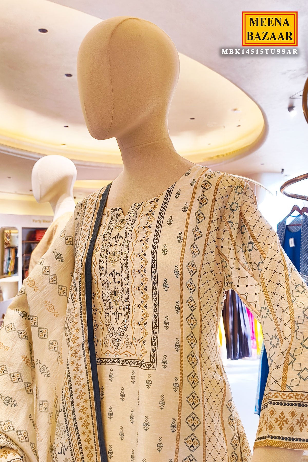 Tussar Chanderi Ready Made Suit with Elegant Neck Embroidery