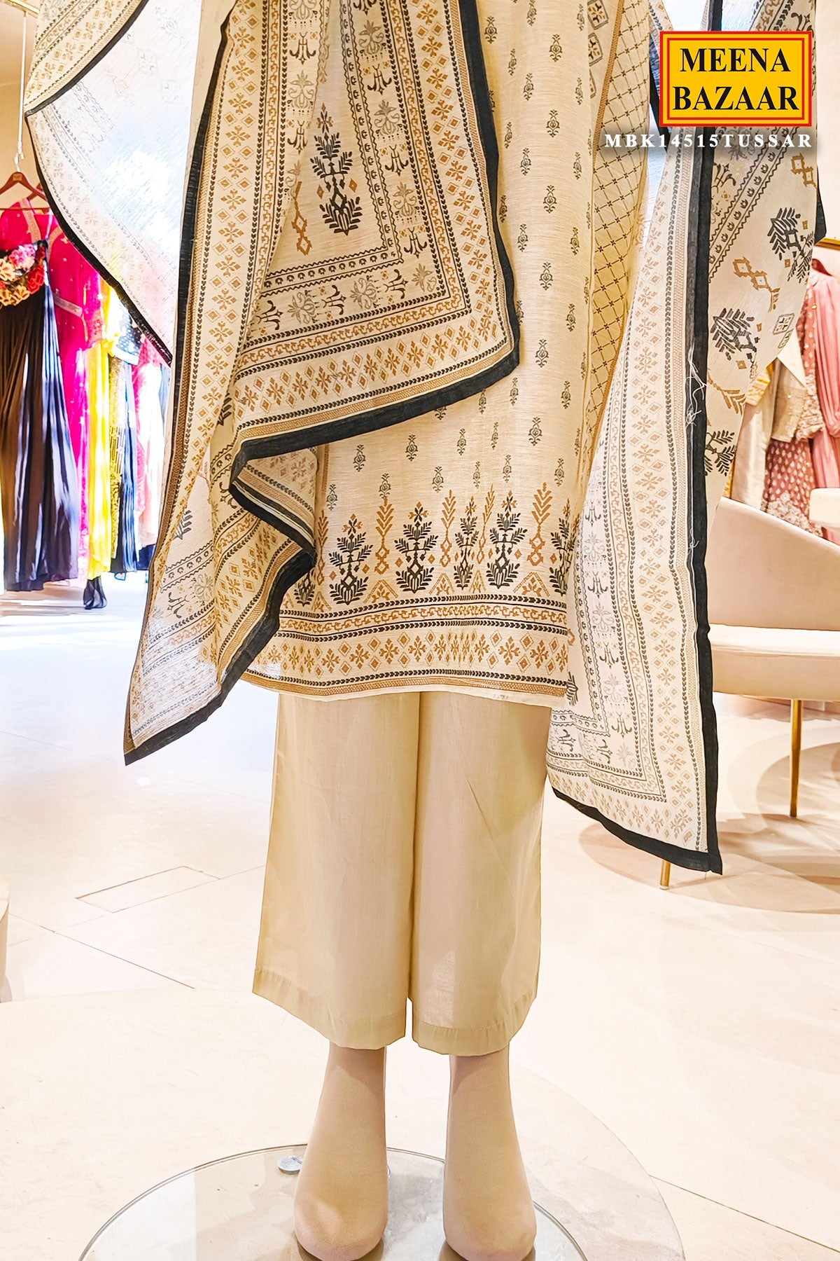 Tussar Chanderi Ready Made Suit with Elegant Neck Embroidery