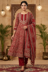 Rust Cotton ReadyMade Suit with Neck Embroidery