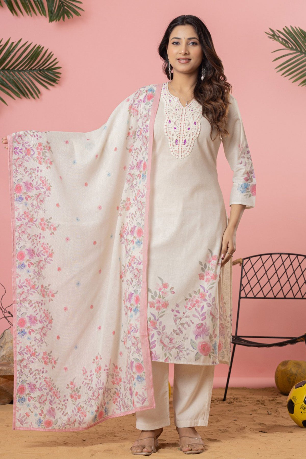 Cream Cotton Ready-Made Suit with Elegant Embroidered Neck