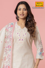 Cream Cotton Ready-Made Suit with Elegant Embroidered Neck