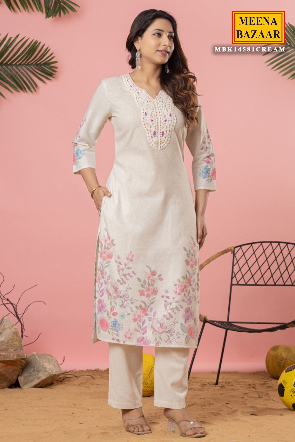 Cream Cotton Ready-Made Suit with Elegant Embroidered Neck