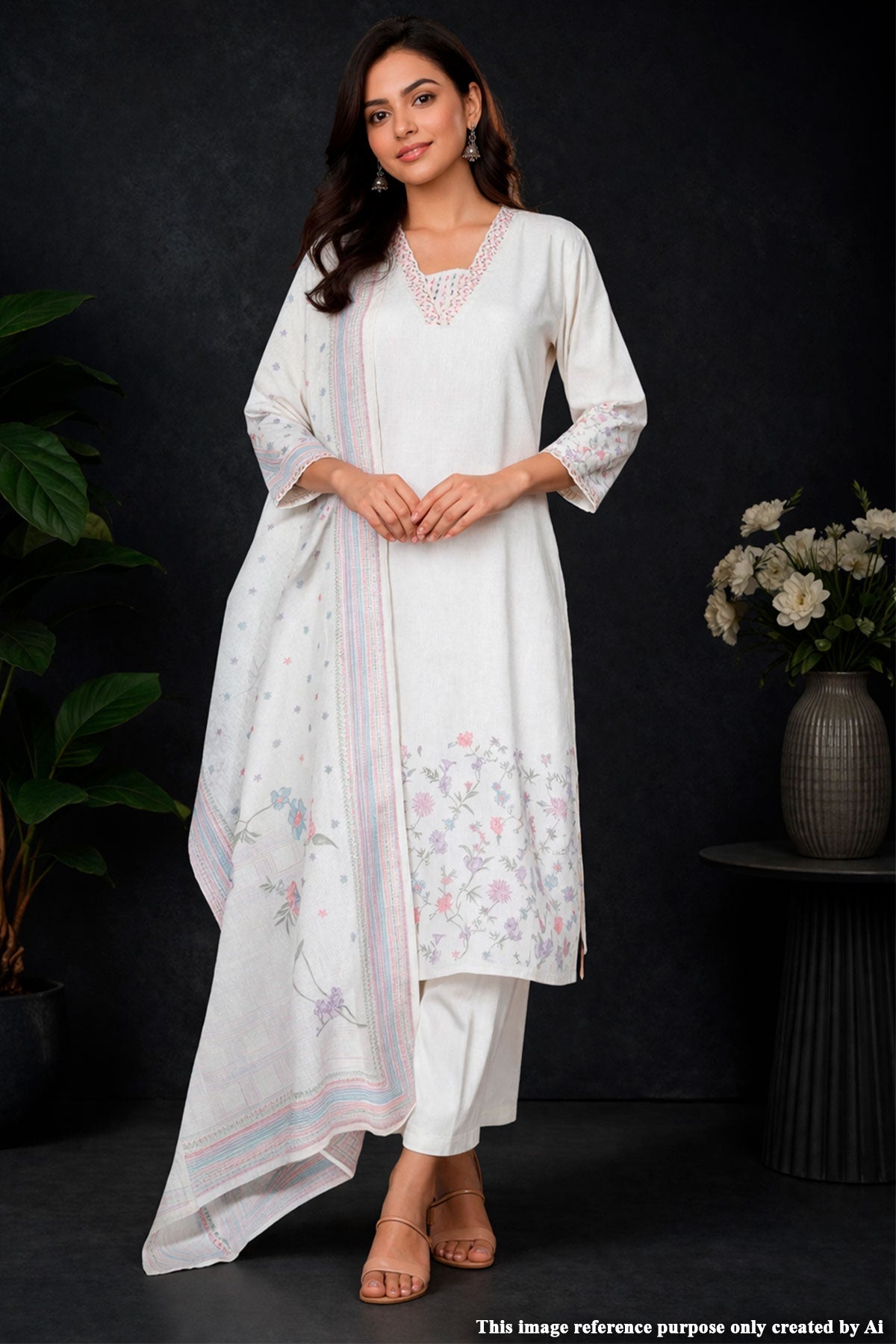 Cream Cotton Ready-Made Suit with Elegant Neck Embroidery