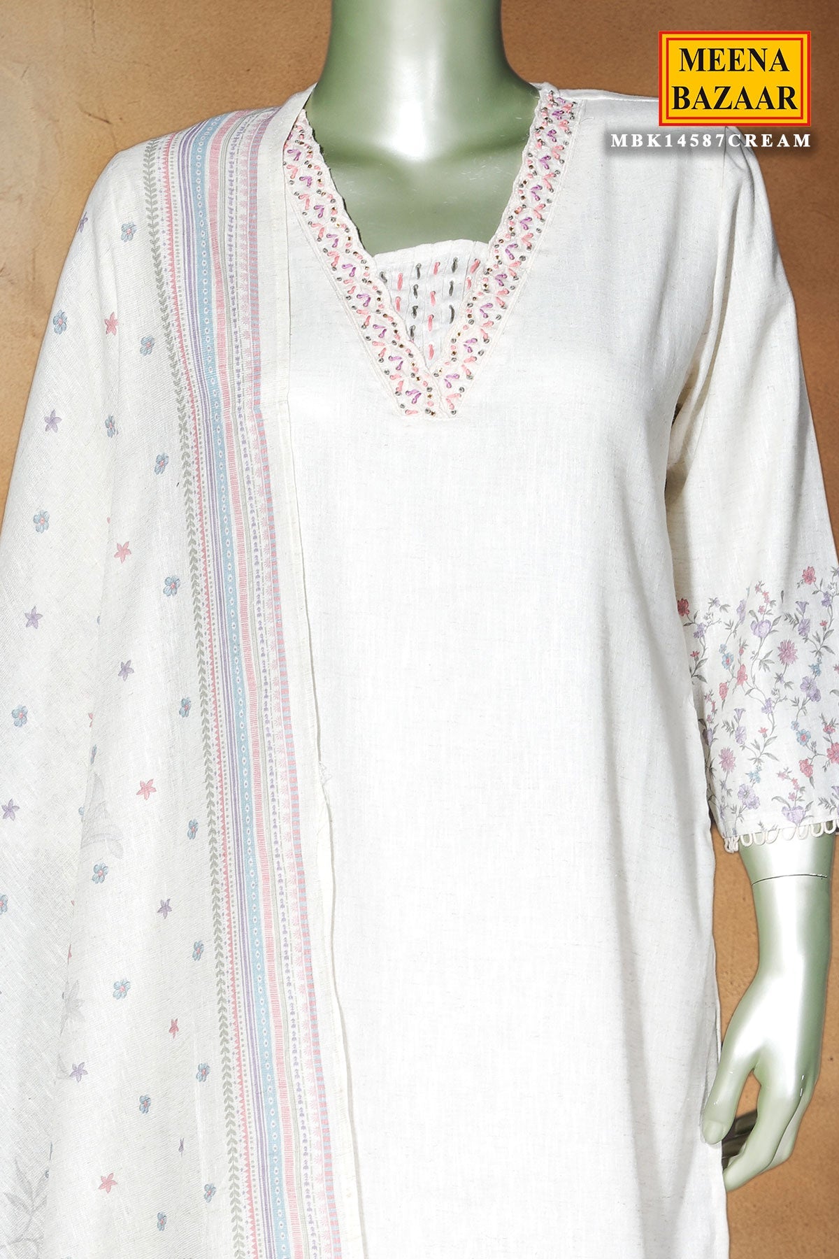 Cream Cotton Ready-Made Suit with Elegant Neck Embroidery