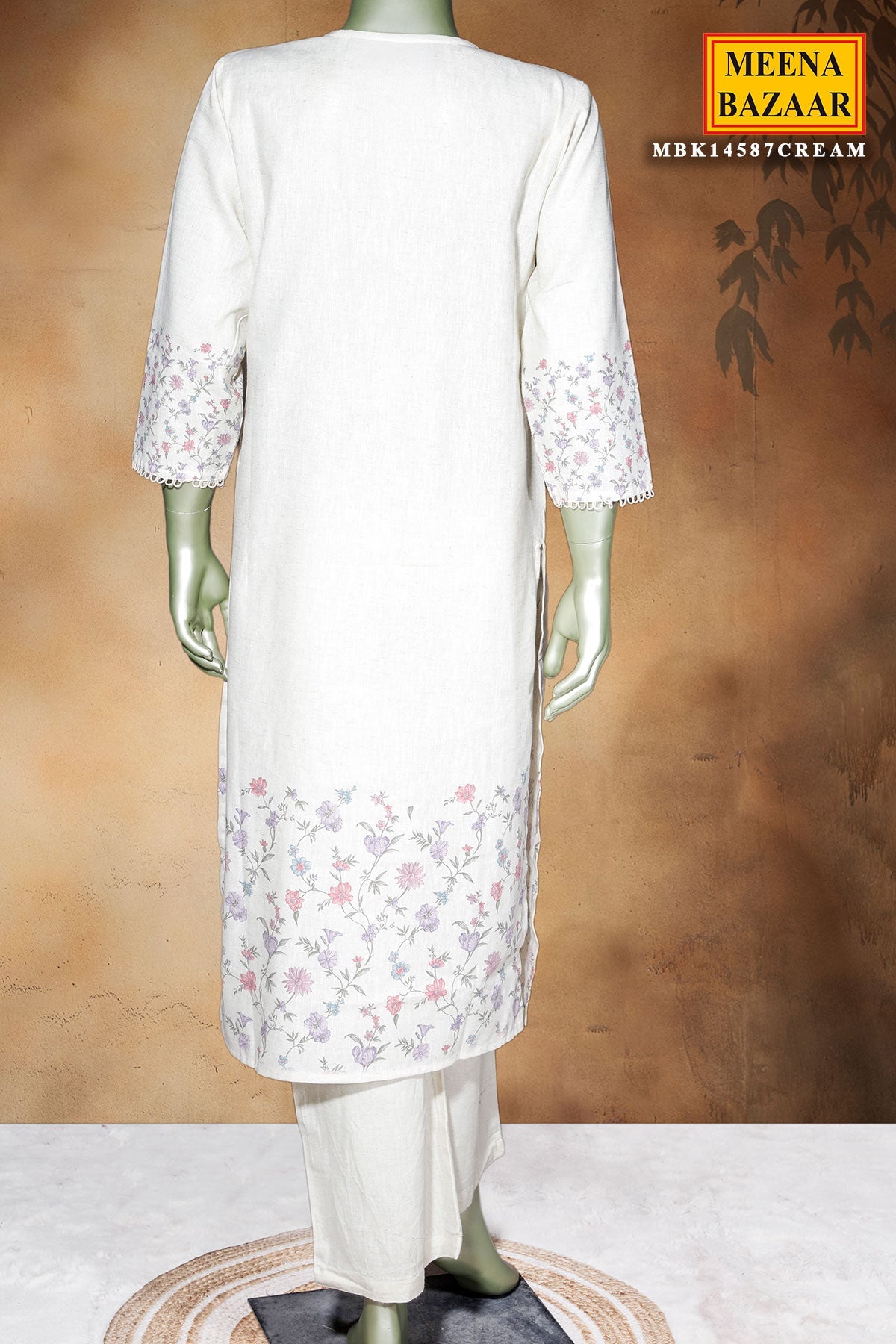 Cream Cotton Ready-Made Suit with Elegant Neck Embroidery