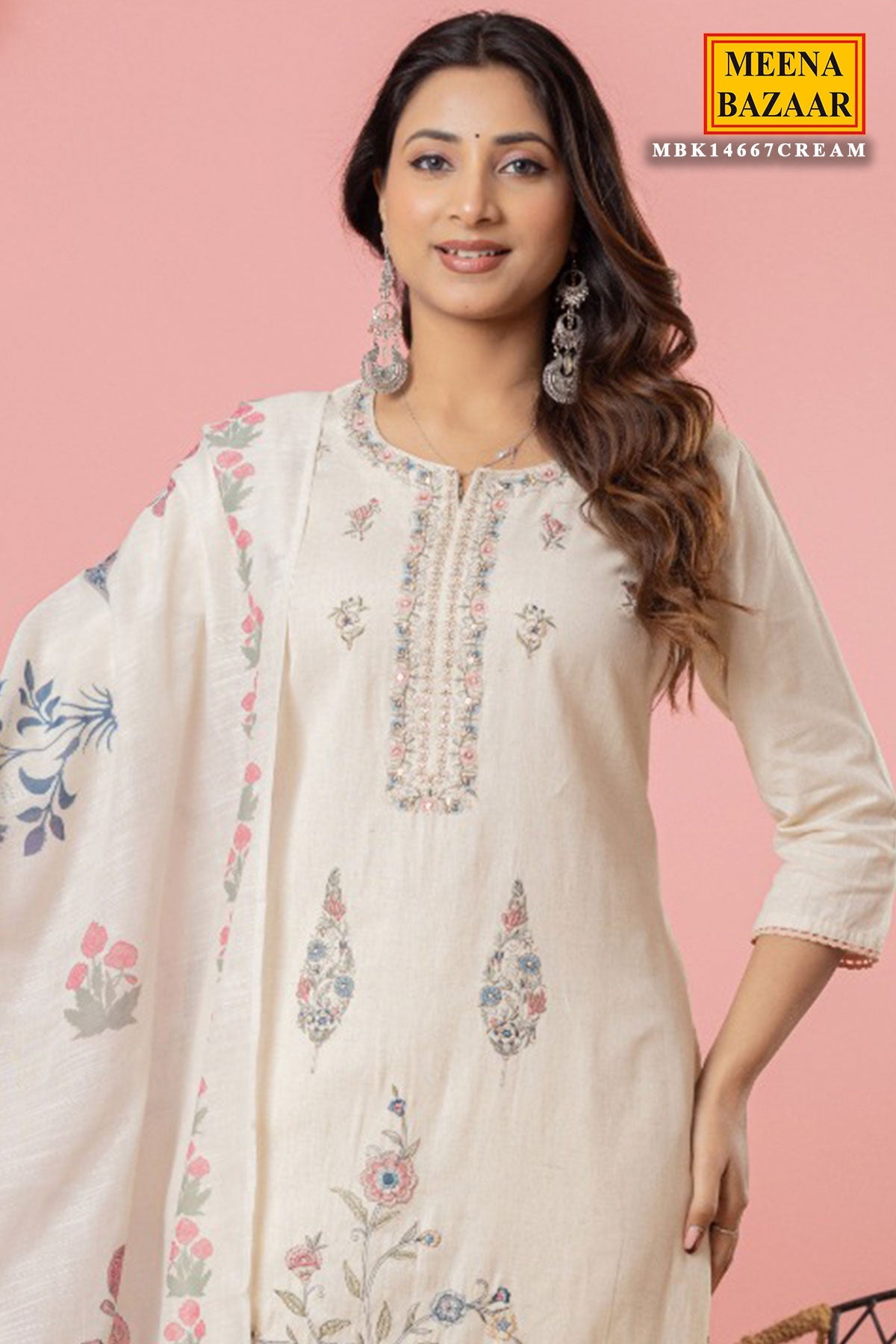 Cream Cotton Ready-Made Suit with Elegant Embroidered Neckline