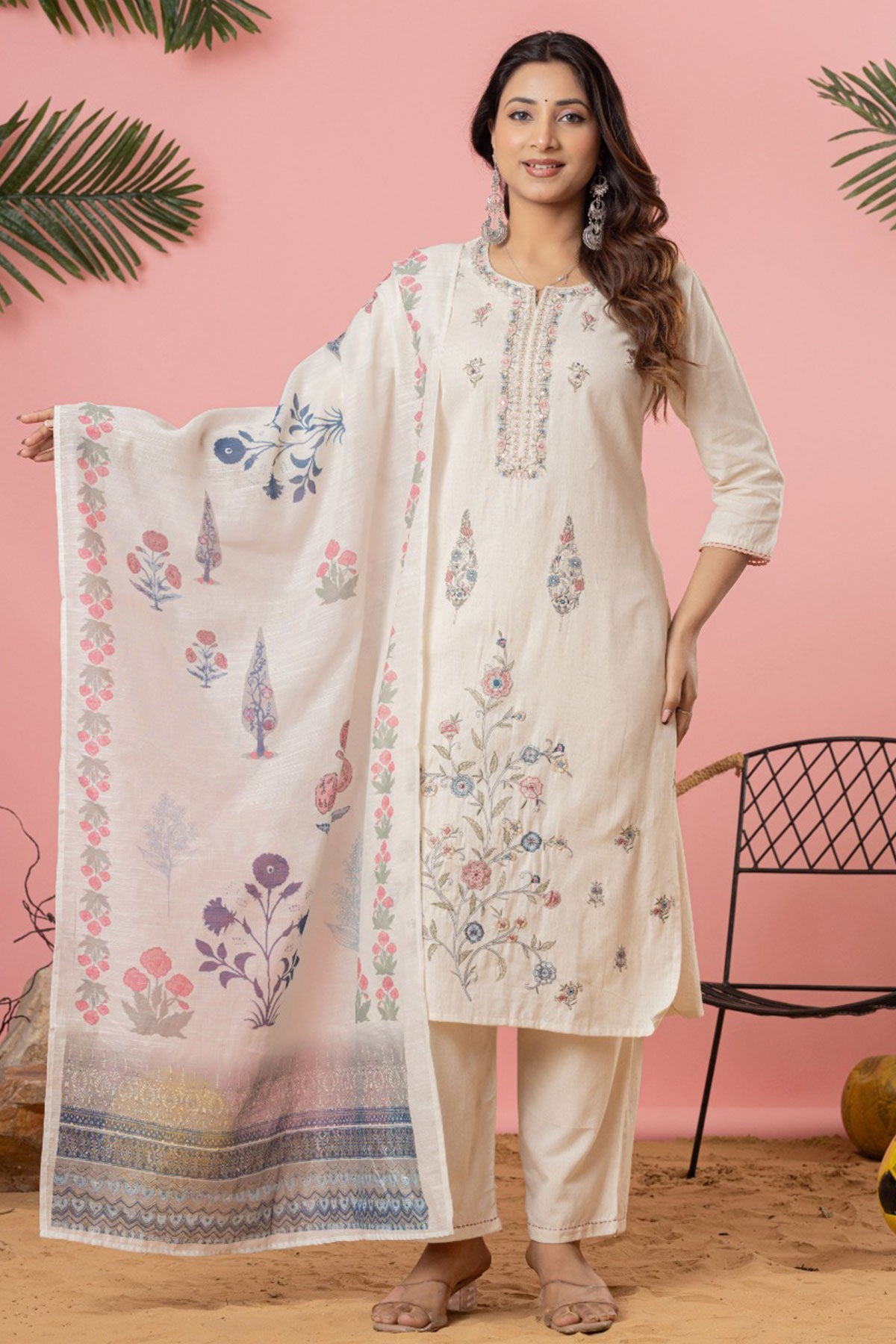 Cream Cotton Ready-Made Suit with Elegant Embroidered Neckline