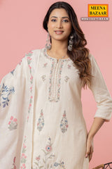 Cream Cotton Ready-Made Suit with Elegant Embroidered Neckline
