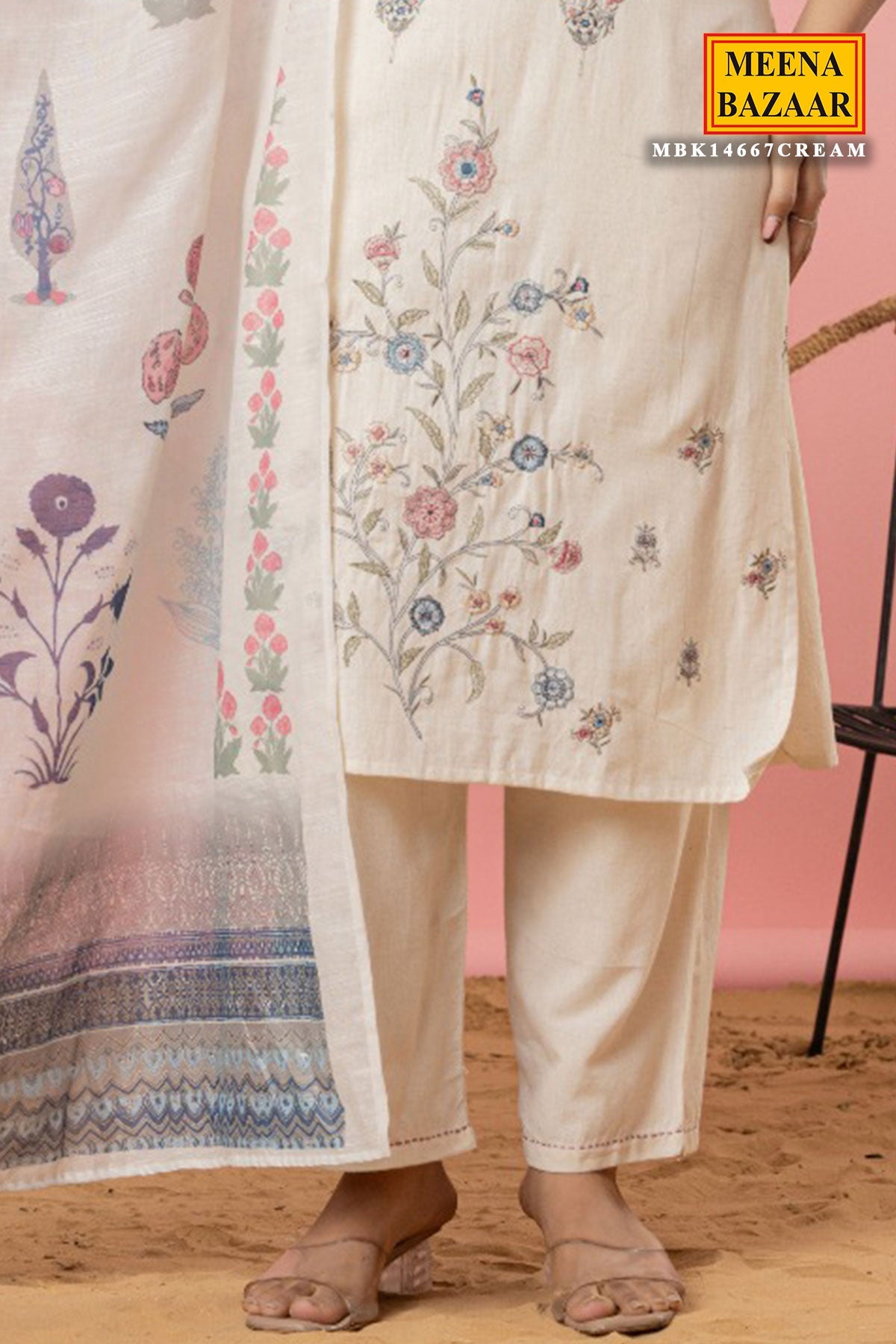Cream Cotton Ready-Made Suit with Elegant Embroidered Neckline