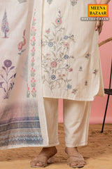 Cream Cotton Ready-Made Suit with Elegant Embroidered Neckline